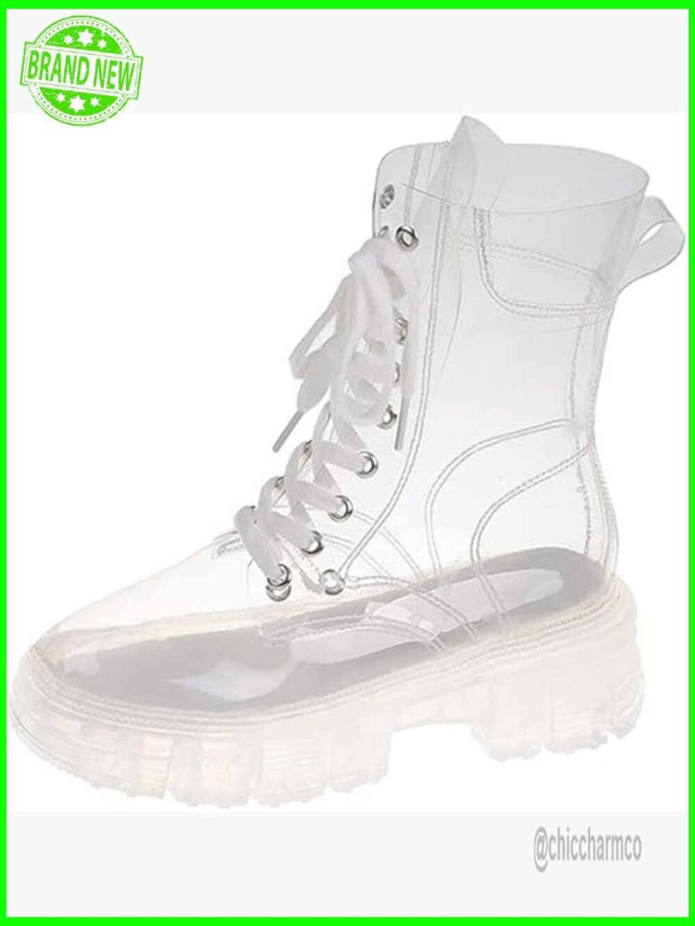 Transparent Lace Up Platform Combat Ankle Boots Waterproof Clear PVC Shoes